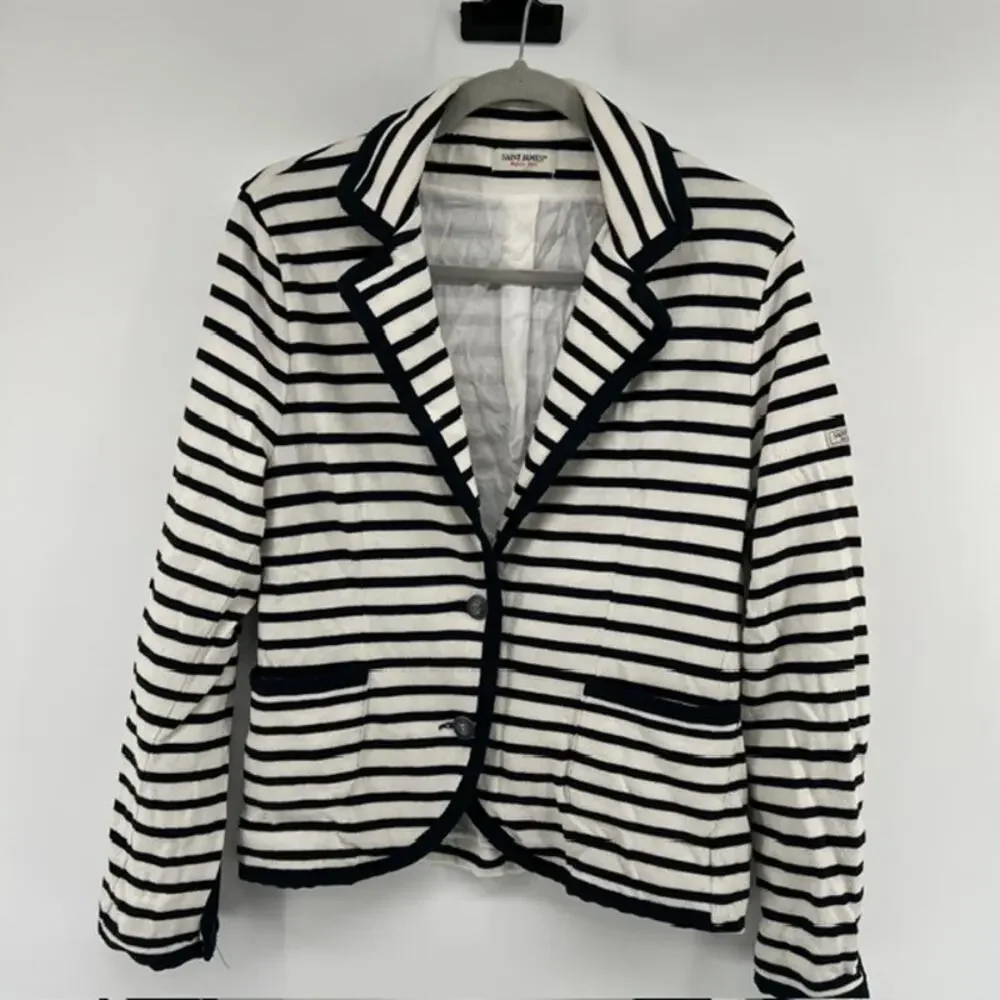 Saint James Depuis 1889 Nautical Striped Cotton Blazer Jacket Womens 8 BlueCream